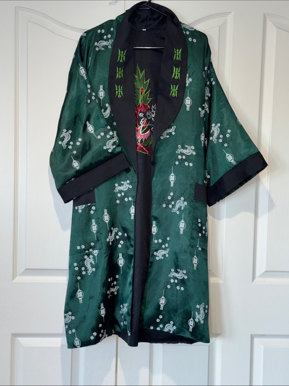 Emerald Green Satin Embroidered Kimono Robe with Black Trim